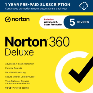 Norton 360 Deluxe, Antivirus Software, 5 Devices, 1 Year Subscription