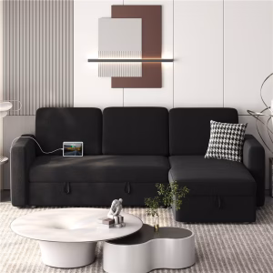 Alden Design Reversible Sectional Sofa with USB & Type-C Ports for Livingroom, Black