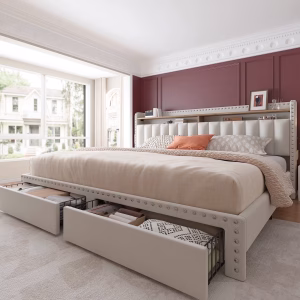 EnHomee King Size Modern Metal and Wood Standard Bed with Storage
