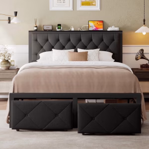 Honfach Full Bed Frame with Storage Drawer, Metal Platform Bed